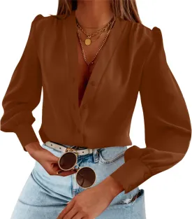 Women's Business Casual Tops Summer Long Sleeve Button Down Shirts V Neck Chiffon Blouses