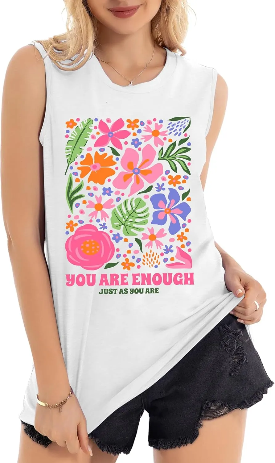 You are Enough Flower Shirt for Women Positive Quotes Tee Top Flower Market Beach Tank Tops