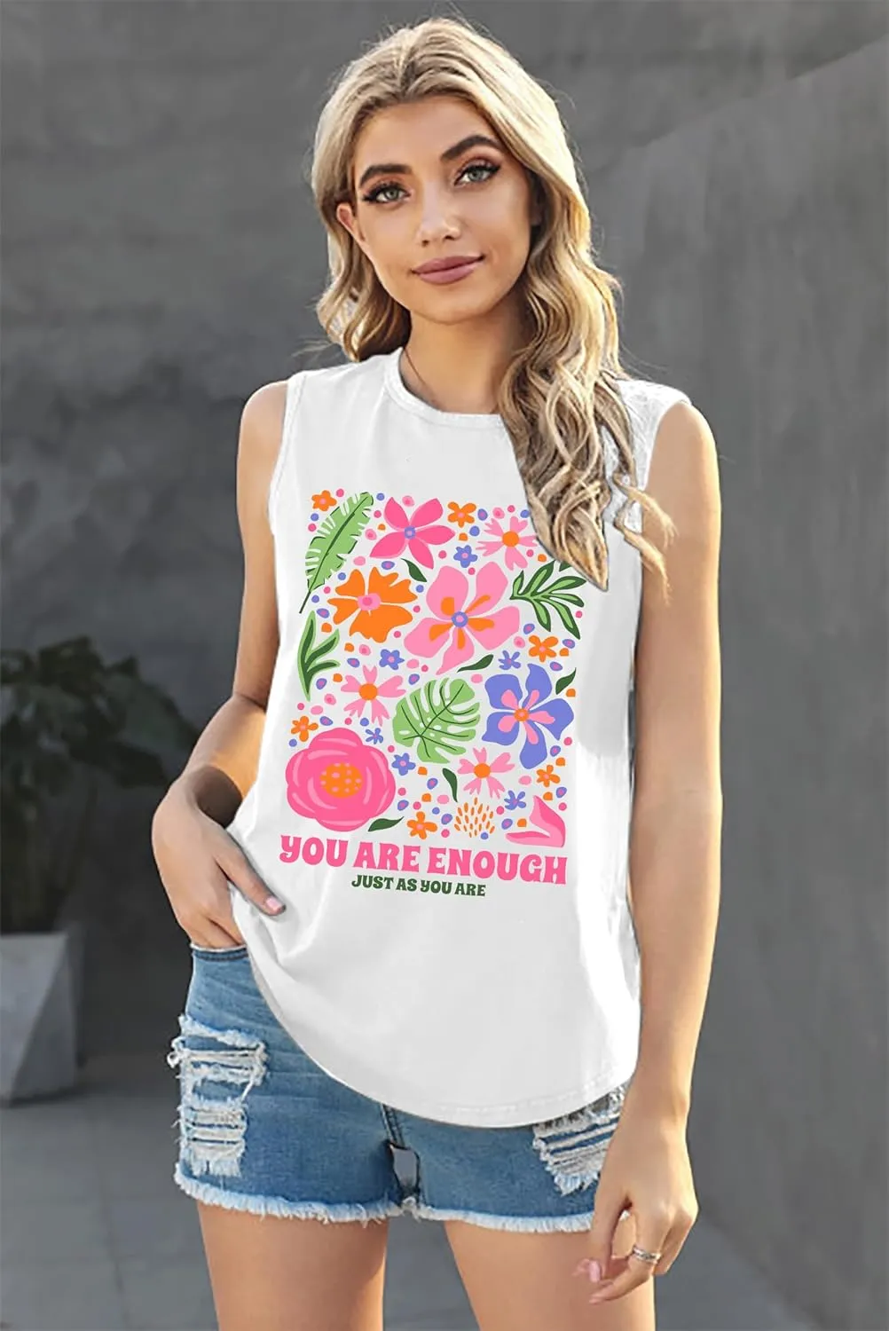 You are Enough Flower Shirt for Women Positive Quotes Tee Top Flower Market Beach Tank Tops